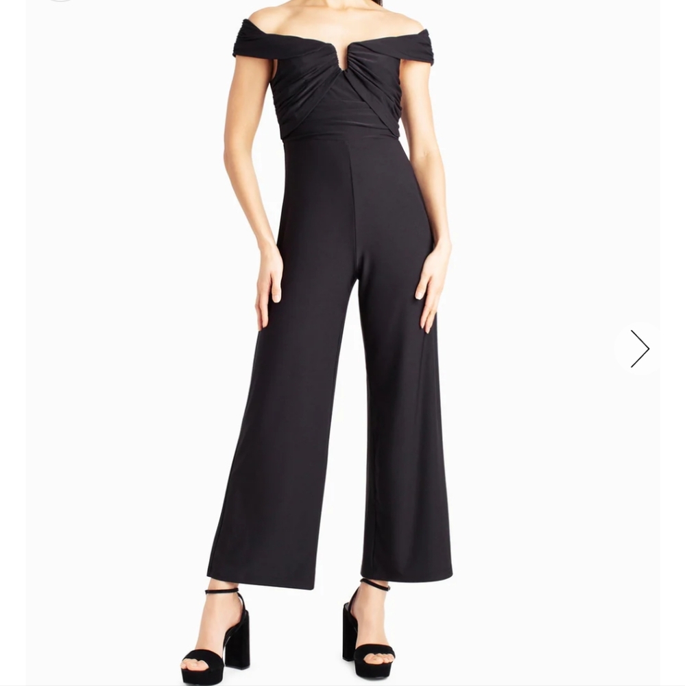 Nicole Miller Black Whitney Off the Shoulder Wide Leg High Rise Jumpsuit Size 4